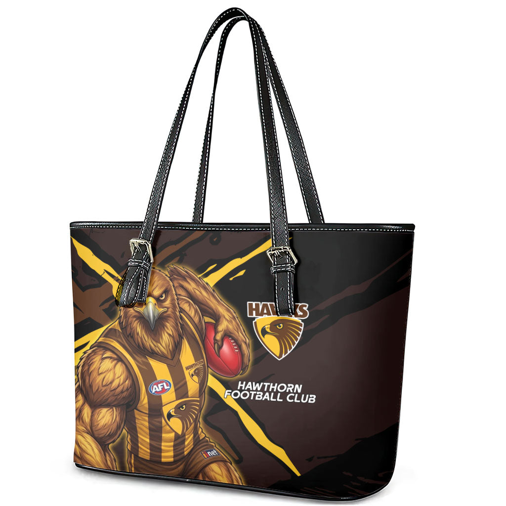 Hawthorn Football Club Leather Tote Bag Hawks Muscular Mascot Graphic - Abstract Paint Splatter Art