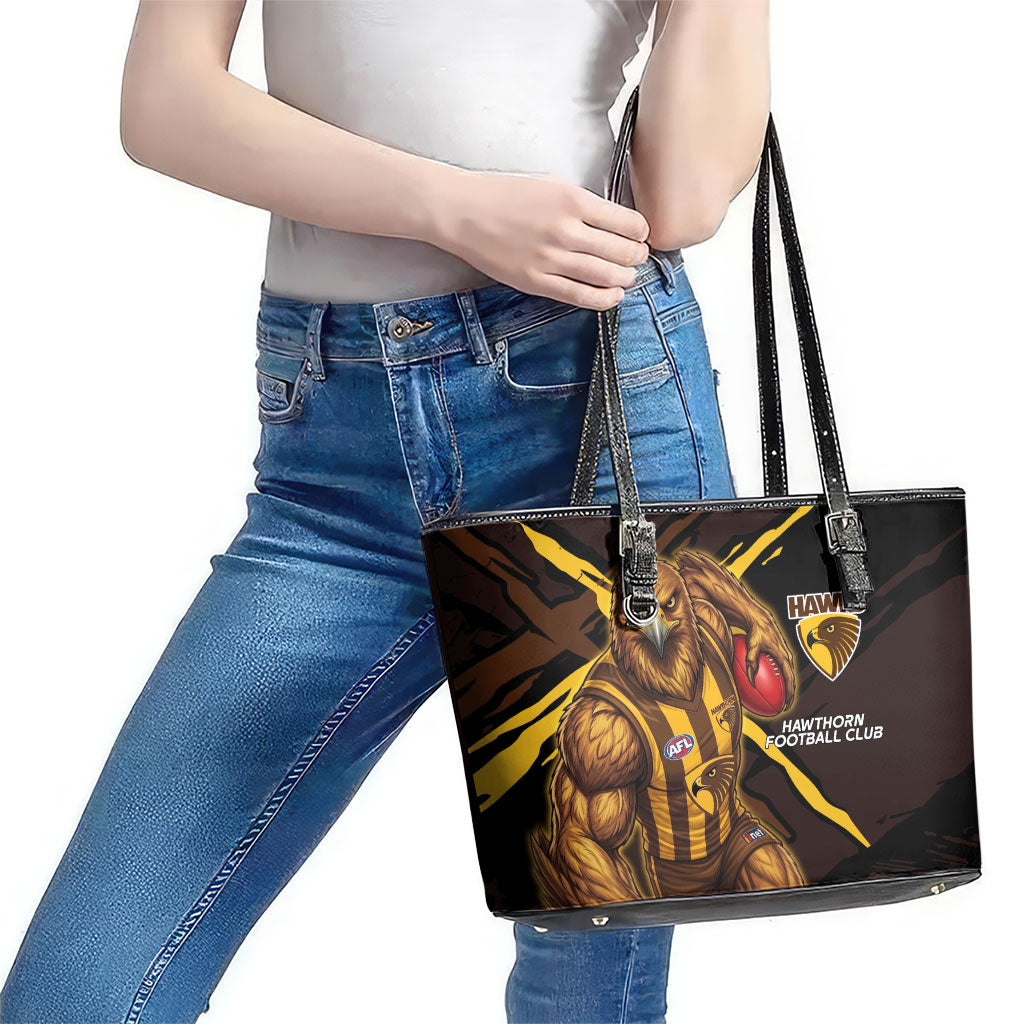 Hawthorn Football Club Leather Tote Bag Hawks Muscular Mascot Graphic - Abstract Paint Splatter Art