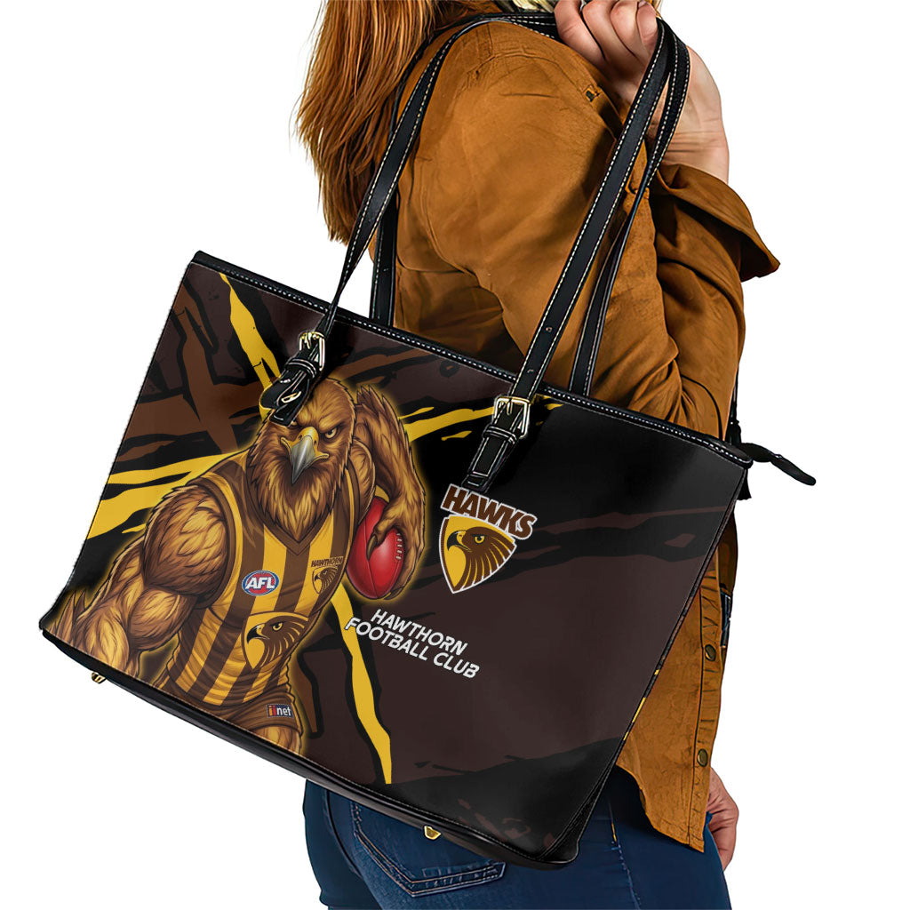 Hawthorn Football Club Leather Tote Bag Hawks Muscular Mascot Graphic - Abstract Paint Splatter Art