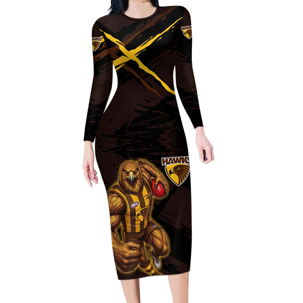 Hawthorn Football Club Long Sleeve Bodycon Dress Hawks Muscular Mascot Graphic - Abstract Paint Splatter Art