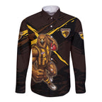Hawthorn Football Club Long Sleeve Button Shirt Hawks Muscular Mascot Graphic - Abstract Paint Splatter Art
