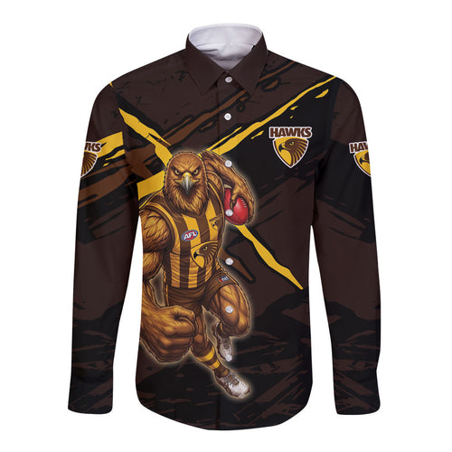 Hawthorn Football Club Long Sleeve Button Shirt Hawks Muscular Mascot Graphic - Abstract Paint Splatter Art