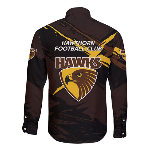Hawthorn Football Club Long Sleeve Button Shirt Hawks Muscular Mascot Graphic - Abstract Paint Splatter Art