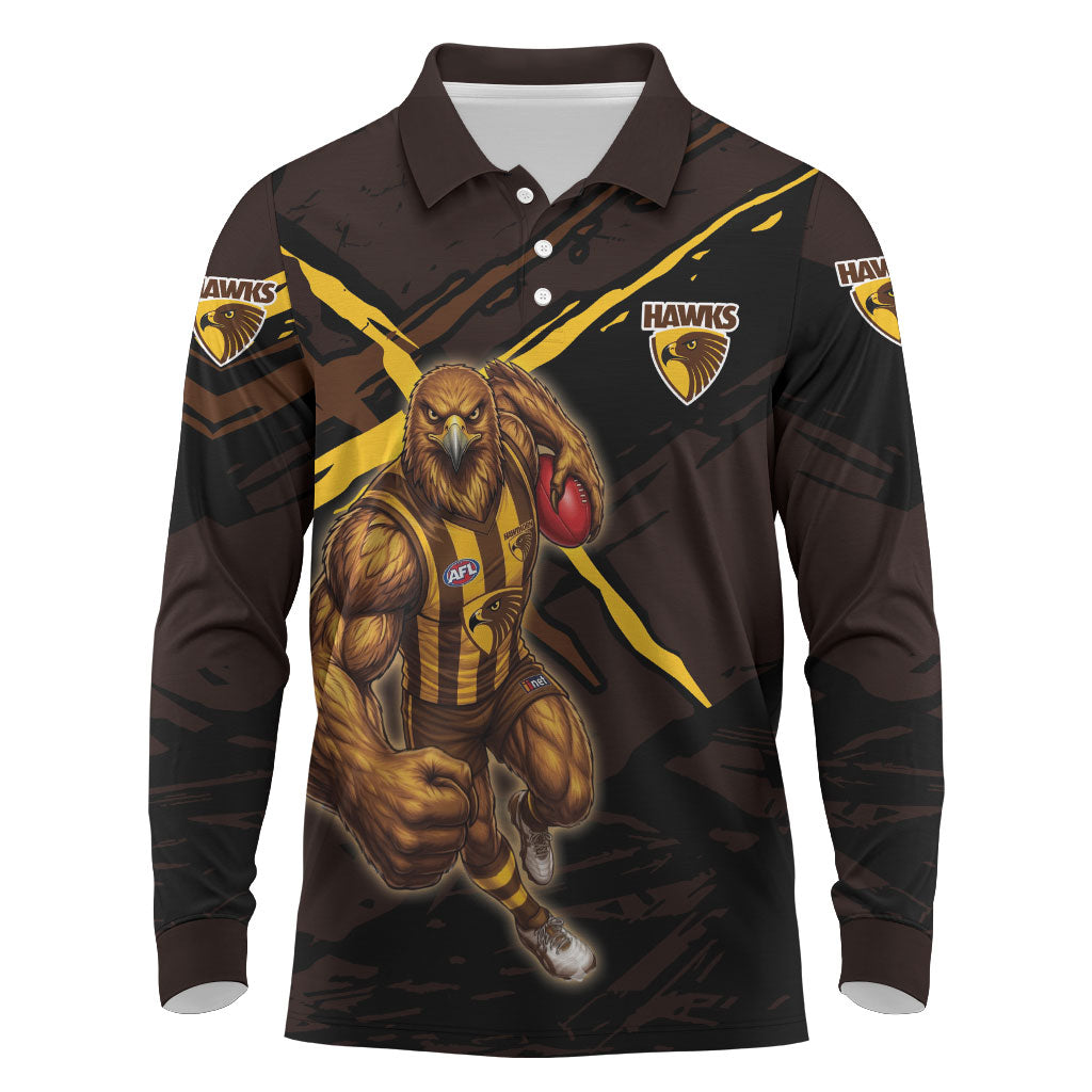Hawthorn Football Club Long Sleeve Polo Shirt Hawks Muscular Mascot Graphic - Abstract Paint Splatter Art