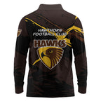 Hawthorn Football Club Long Sleeve Polo Shirt Hawks Muscular Mascot Graphic - Abstract Paint Splatter Art