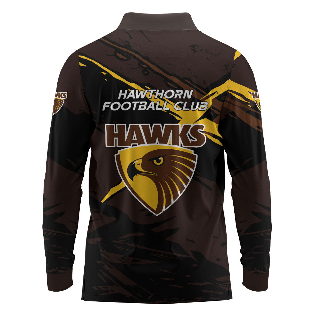 Hawthorn Football Club Long Sleeve Polo Shirt Hawks Muscular Mascot Graphic - Abstract Paint Splatter Art