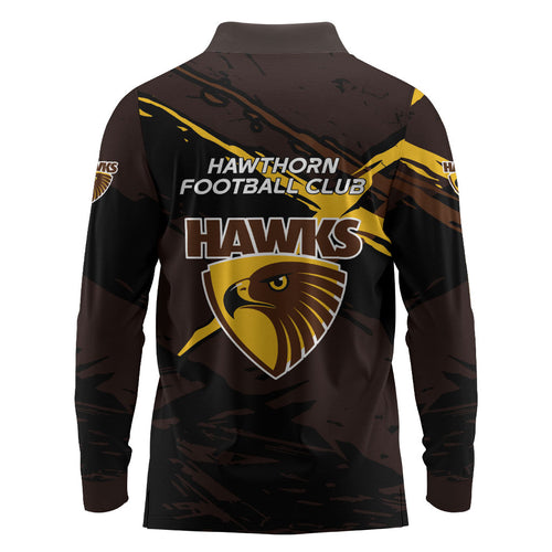Hawthorn Football Club Long Sleeve Polo Shirt Hawks Muscular Mascot Graphic - Abstract Paint Splatter Art