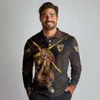 Hawthorn Football Club Long Sleeve Polo Shirt Hawks Muscular Mascot Graphic - Abstract Paint Splatter Art