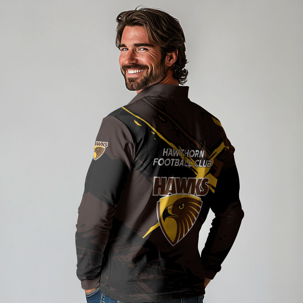 Hawthorn Football Club Long Sleeve Polo Shirt Hawks Muscular Mascot Graphic - Abstract Paint Splatter Art