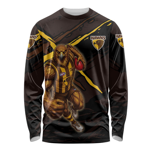 Hawthorn Football Club Long Sleeve Shirt Hawks Muscular Mascot Graphic - Abstract Paint Splatter Art