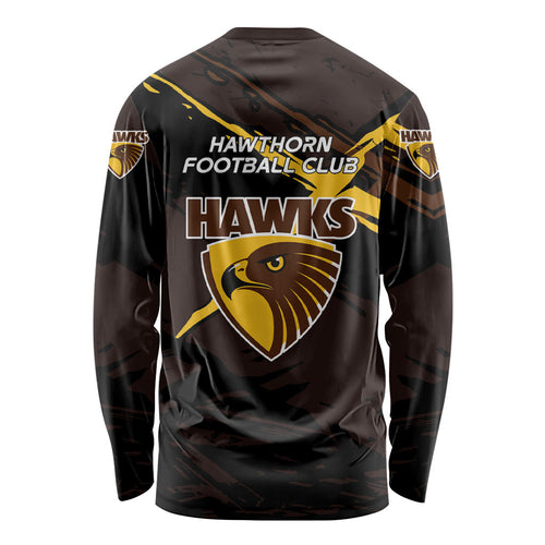 Hawthorn Football Club Long Sleeve Shirt Hawks Muscular Mascot Graphic - Abstract Paint Splatter Art