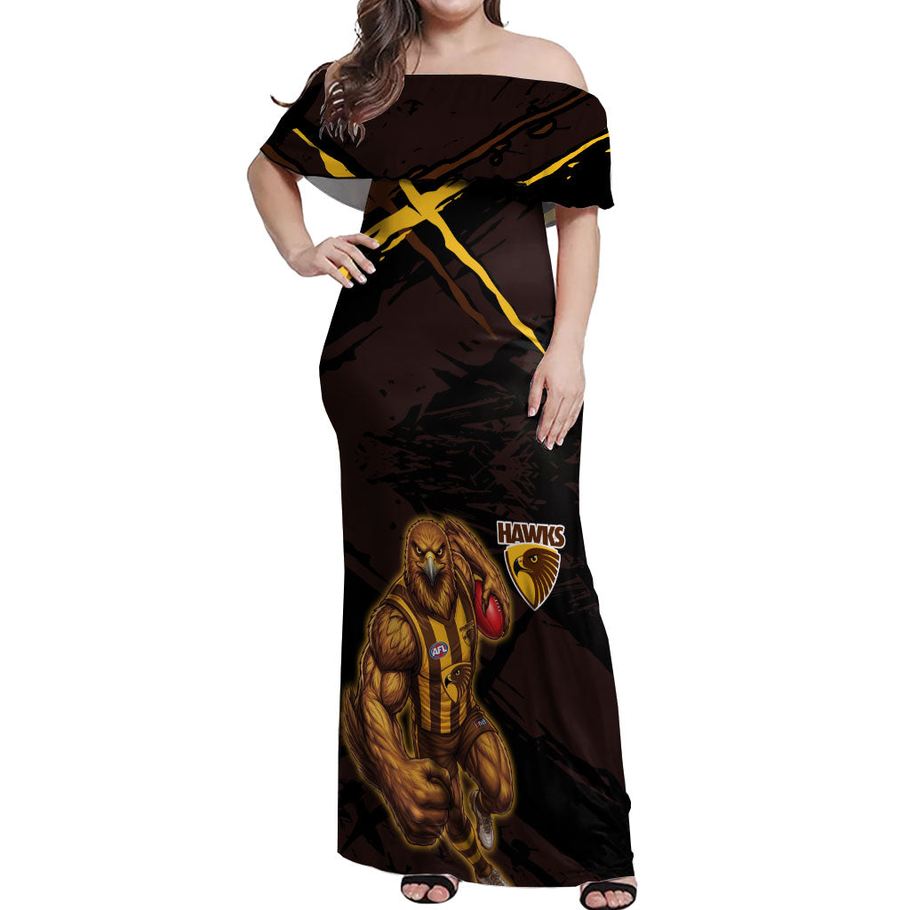 Hawthorn Football Club Off Shoulder Maxi Dress Hawks Muscular Mascot Graphic - Abstract Paint Splatter Art
