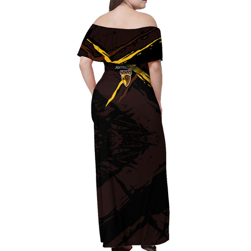 Hawthorn Football Club Off Shoulder Maxi Dress Hawks Muscular Mascot Graphic - Abstract Paint Splatter Art