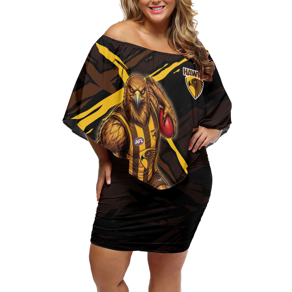 Hawthorn Football Club Off Shoulder Short Dress Hawks Muscular Mascot Graphic - Abstract Paint Splatter Art