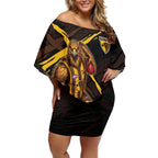 Hawthorn Football Club Off Shoulder Short Dress Hawks Muscular Mascot Graphic - Abstract Paint Splatter Art