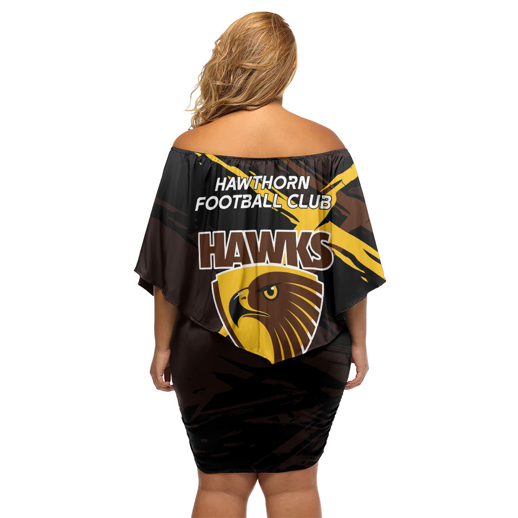Hawthorn Football Club Off Shoulder Short Dress Hawks Muscular Mascot Graphic - Abstract Paint Splatter Art