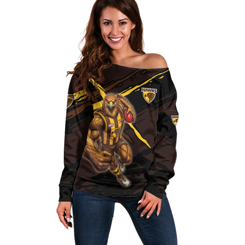 Hawthorn Football Club Off Shoulder Sweater Hawks Muscular Mascot Graphic - Abstract Paint Splatter Art