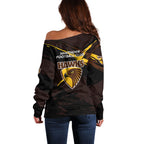 Hawthorn Football Club Off Shoulder Sweater Hawks Muscular Mascot Graphic - Abstract Paint Splatter Art