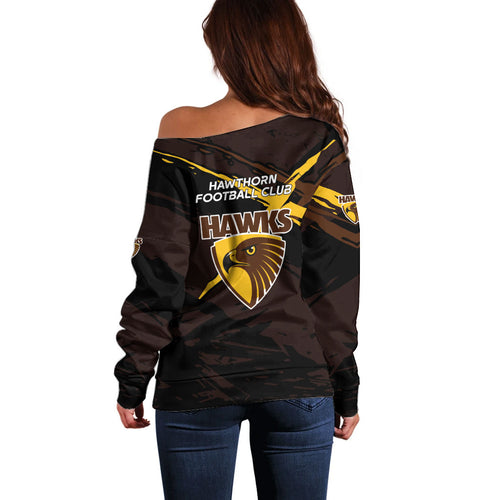 Hawthorn Football Club Off Shoulder Sweater Hawks Muscular Mascot Graphic - Abstract Paint Splatter Art