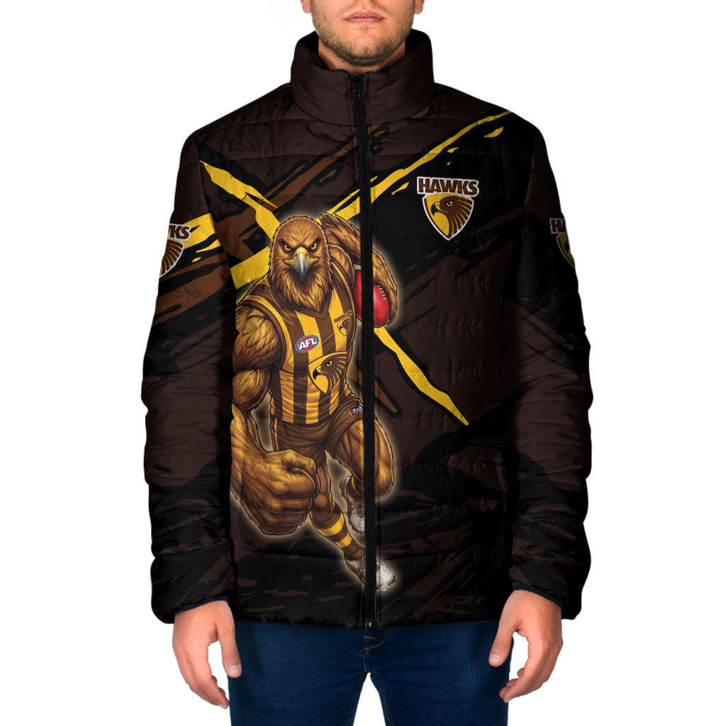 Hawthorn Football Club Padded Jacket Hawks Muscular Mascot Graphic - Abstract Paint Splatter Art
