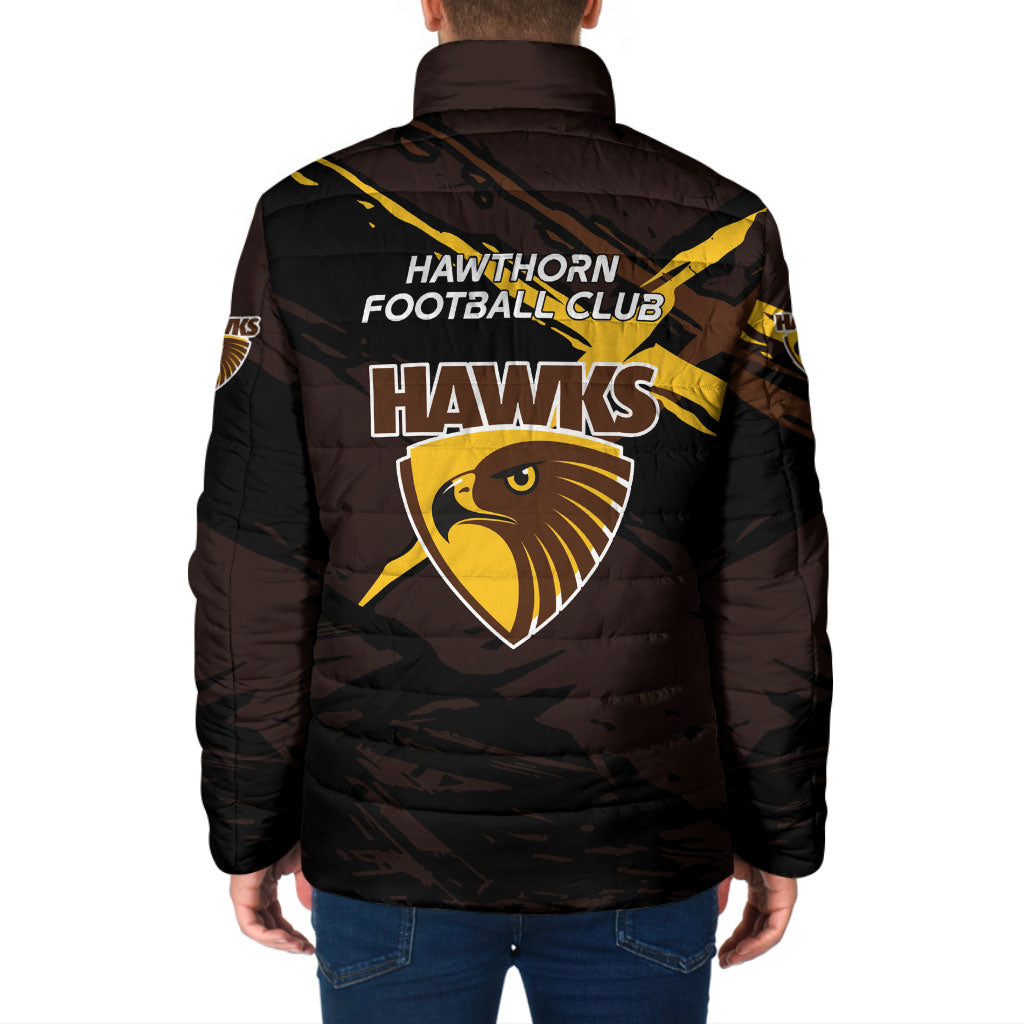 Hawthorn Football Club Padded Jacket Hawks Muscular Mascot Graphic - Abstract Paint Splatter Art