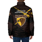 Hawthorn Football Club Padded Jacket Hawks Muscular Mascot Graphic - Abstract Paint Splatter Art