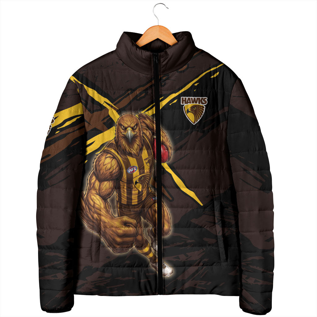Hawthorn Football Club Padded Jacket Hawks Muscular Mascot Graphic - Abstract Paint Splatter Art