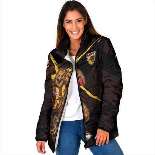 Hawthorn Football Club Padded Jacket Hawks Muscular Mascot Graphic - Abstract Paint Splatter Art