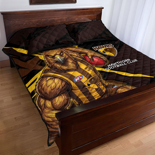 Hawthorn Football Club Quilt Bed Set Hawks Muscular Mascot Graphic - Abstract Paint Splatter Art