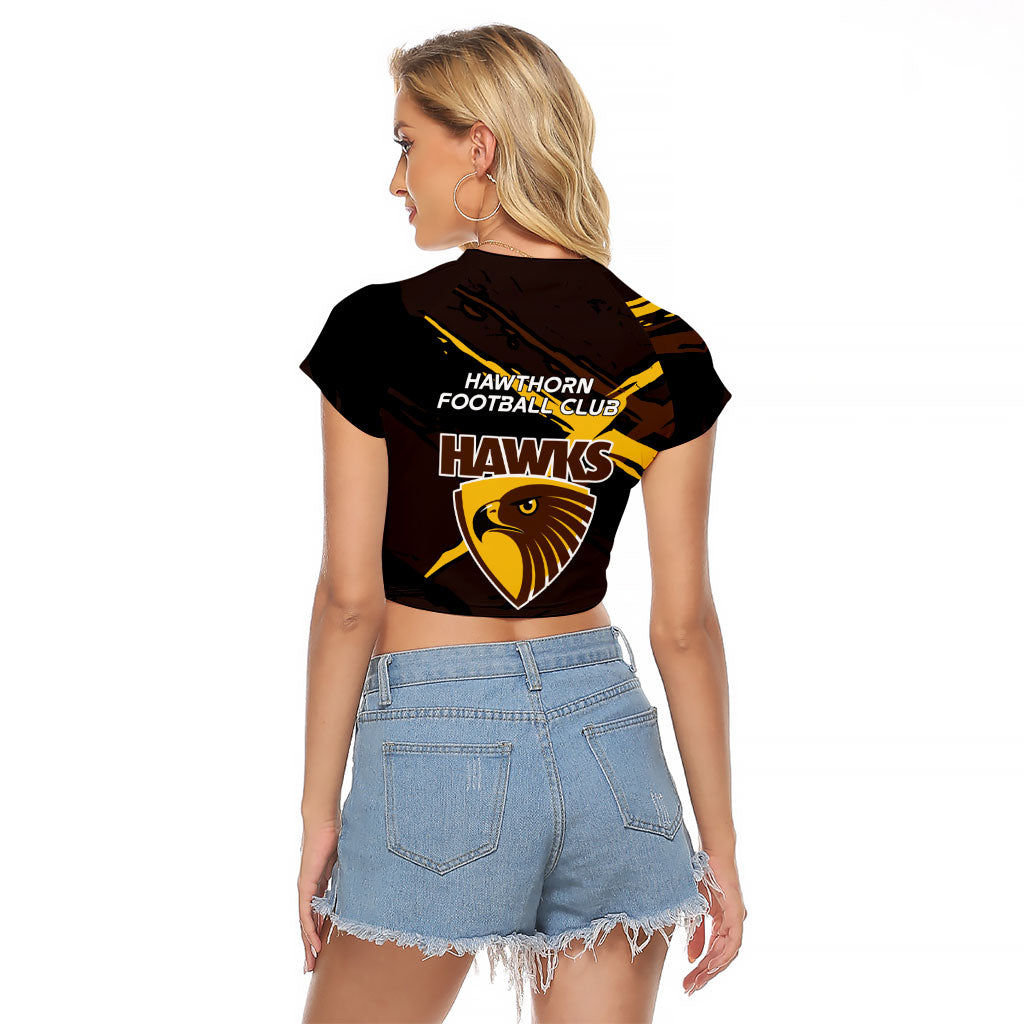Hawthorn Football Club Raglan Cropped T Shirt Hawks Muscular Mascot Graphic - Abstract Paint Splatter Art
