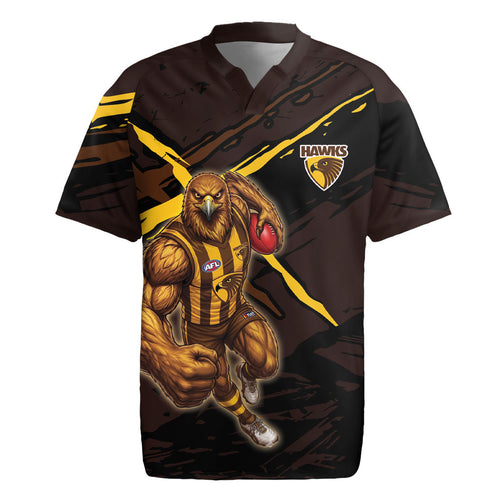 Hawthorn Football Club Rugby Jersey Hawks Muscular Mascot Graphic - Abstract Paint Splatter Art