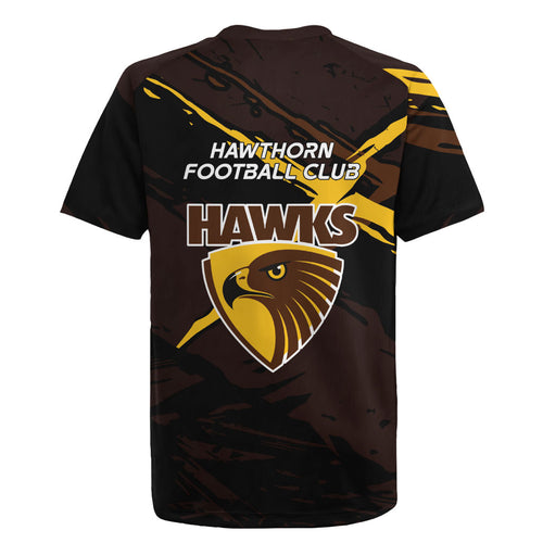 Hawthorn Football Club Rugby Jersey Hawks Muscular Mascot Graphic - Abstract Paint Splatter Art