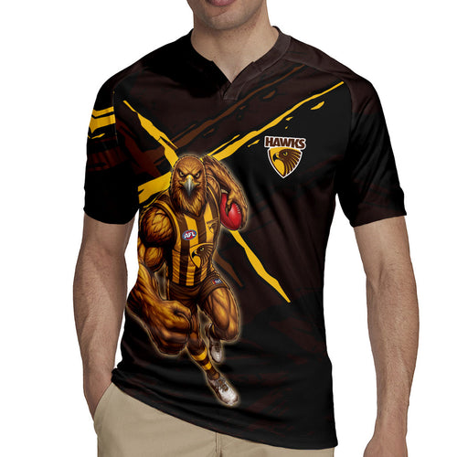 Hawthorn Football Club Rugby Jersey Hawks Muscular Mascot Graphic - Abstract Paint Splatter Art