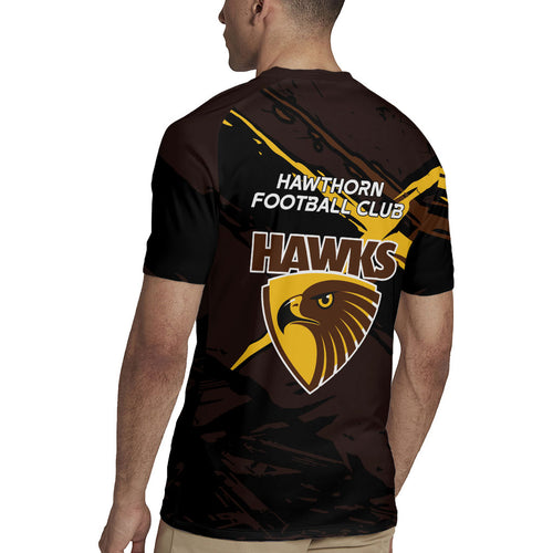 Hawthorn Football Club Rugby Jersey Hawks Muscular Mascot Graphic - Abstract Paint Splatter Art