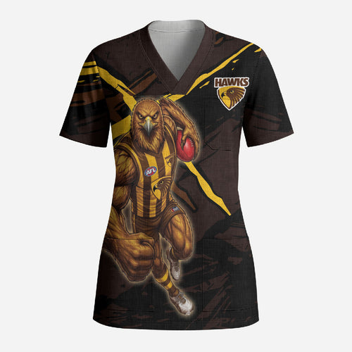 Hawthorn Football Club Scrub Top Hawks Muscular Mascot Graphic - Abstract Paint Splatter Art