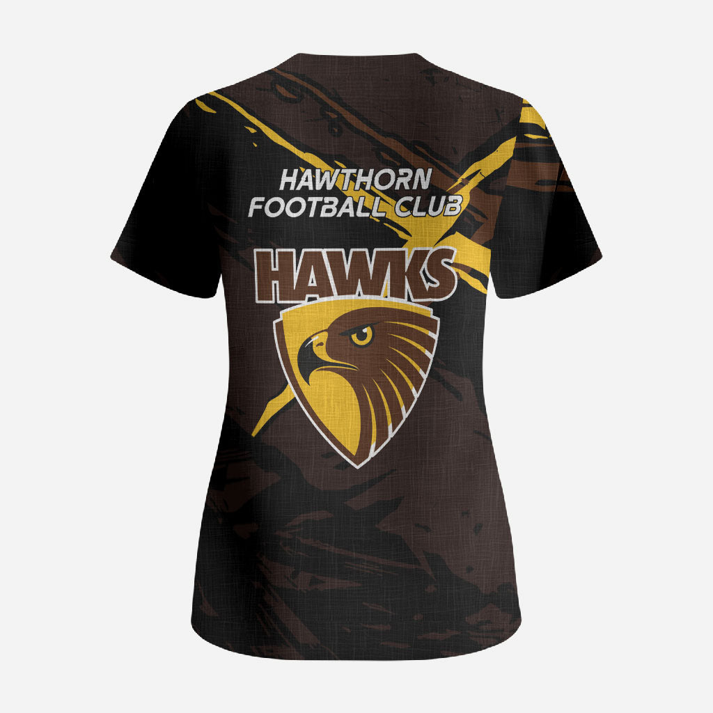 Hawthorn Football Club Scrub Top Hawks Muscular Mascot Graphic - Abstract Paint Splatter Art