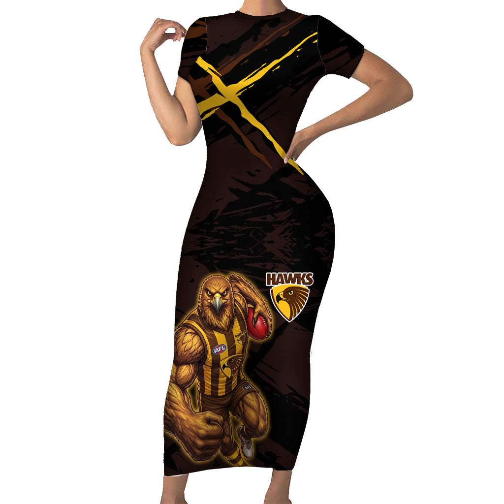 Hawthorn Football Club Short Sleeve Bodycon Dress Hawks Muscular Mascot Graphic - Abstract Paint Splatter Art