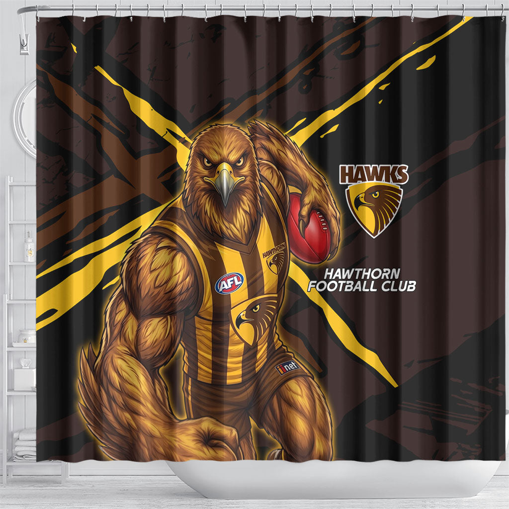 Hawthorn Football Club Shower Curtain Hawks Muscular Mascot Graphic - Abstract Paint Splatter Art