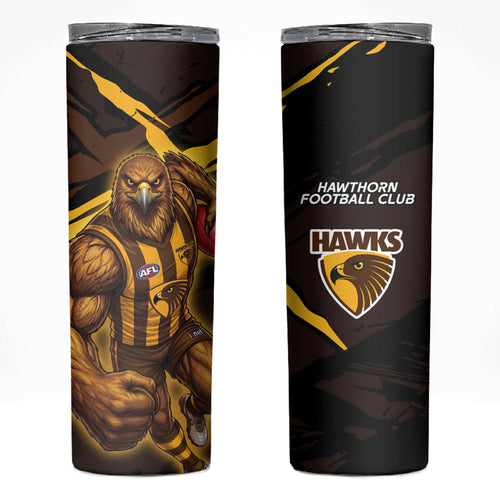 Hawthorn Football Club Skinny Tumbler Hawks Muscular Mascot Graphic - Abstract Paint Splatter Art