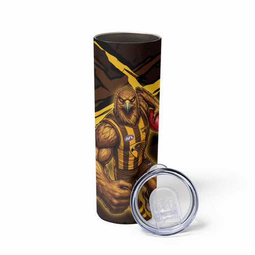 Hawthorn Football Club Skinny Tumbler Hawks Muscular Mascot Graphic - Abstract Paint Splatter Art
