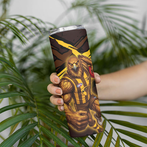 Hawthorn Football Club Skinny Tumbler Hawks Muscular Mascot Graphic - Abstract Paint Splatter Art