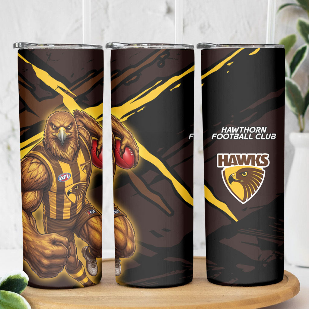 Hawthorn Football Club Skinny Tumbler Hawks Muscular Mascot Graphic - Abstract Paint Splatter Art
