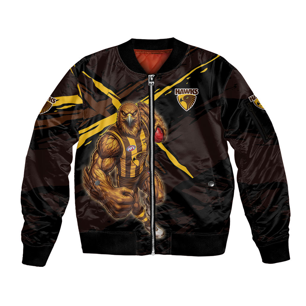 Hawthorn Football Club Sleeve Zip Bomber Jacket Hawks Muscular Mascot Graphic - Abstract Paint Splatter Art