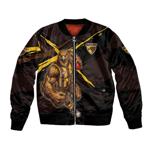 Hawthorn Football Club Sleeve Zip Bomber Jacket Hawks Muscular Mascot Graphic - Abstract Paint Splatter Art