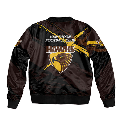 Hawthorn Football Club Sleeve Zip Bomber Jacket Hawks Muscular Mascot Graphic - Abstract Paint Splatter Art