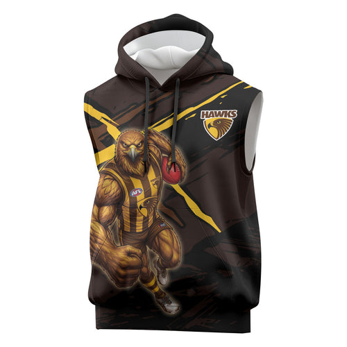 Hawthorn Football Club Sleeveless Hoodie Hawks Muscular Mascot Graphic - Abstract Paint Splatter Art