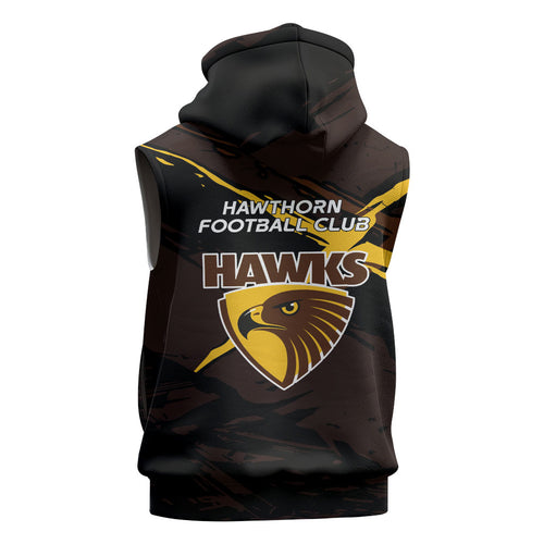 Hawthorn Football Club Sleeveless Hoodie Hawks Muscular Mascot Graphic - Abstract Paint Splatter Art