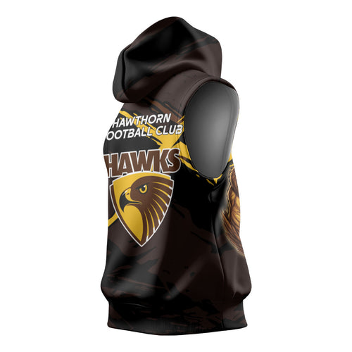 Hawthorn Football Club Sleeveless Hoodie Hawks Muscular Mascot Graphic - Abstract Paint Splatter Art