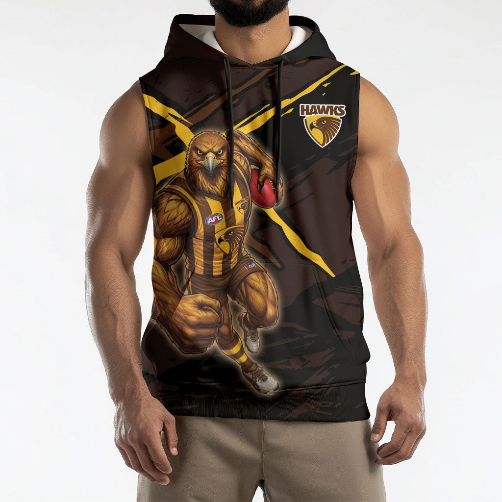 Hawthorn Football Club Sleeveless Hoodie Hawks Muscular Mascot Graphic - Abstract Paint Splatter Art