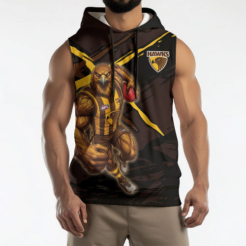 Hawthorn Football Club Sleeveless Hoodie Hawks Muscular Mascot Graphic - Abstract Paint Splatter Art